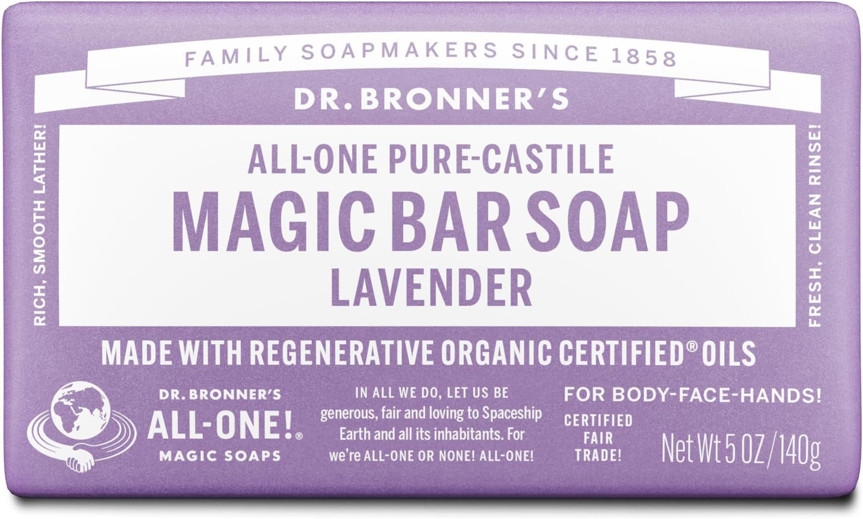 Dr. Bronner's - Pure-Castile Magic Bar Soap (Lavender, 5 ounce) - Made with Organic Oils, For Face, Body and Hair, Gentle and Moisturizing, Biodegradable, Vegan, Cruelty-free, Non-GMO