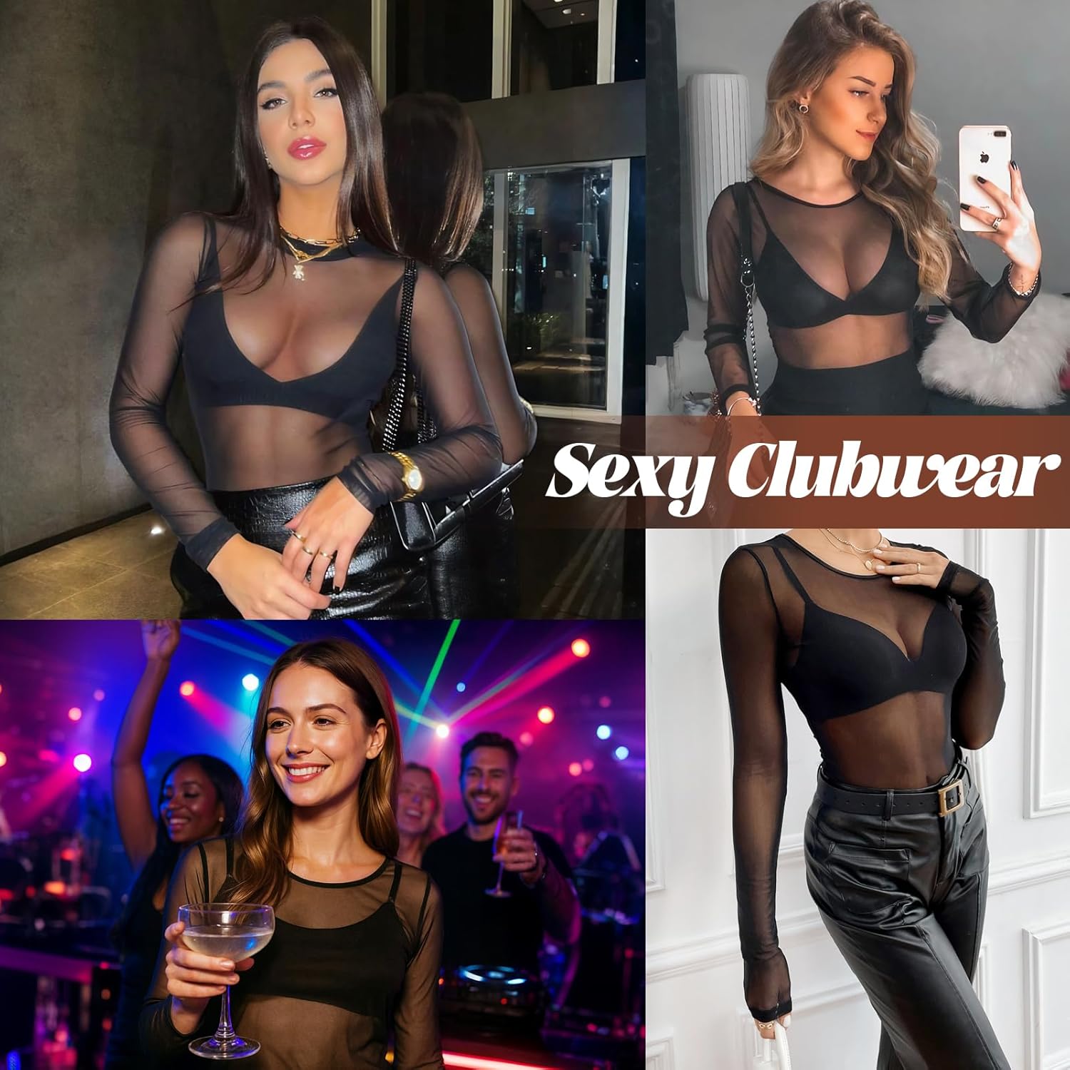 Long Sleeve Mesh Tops for Women Crew Neck Sheer Shirts Sexy See Through Party Club Lace Blouses - Image 5