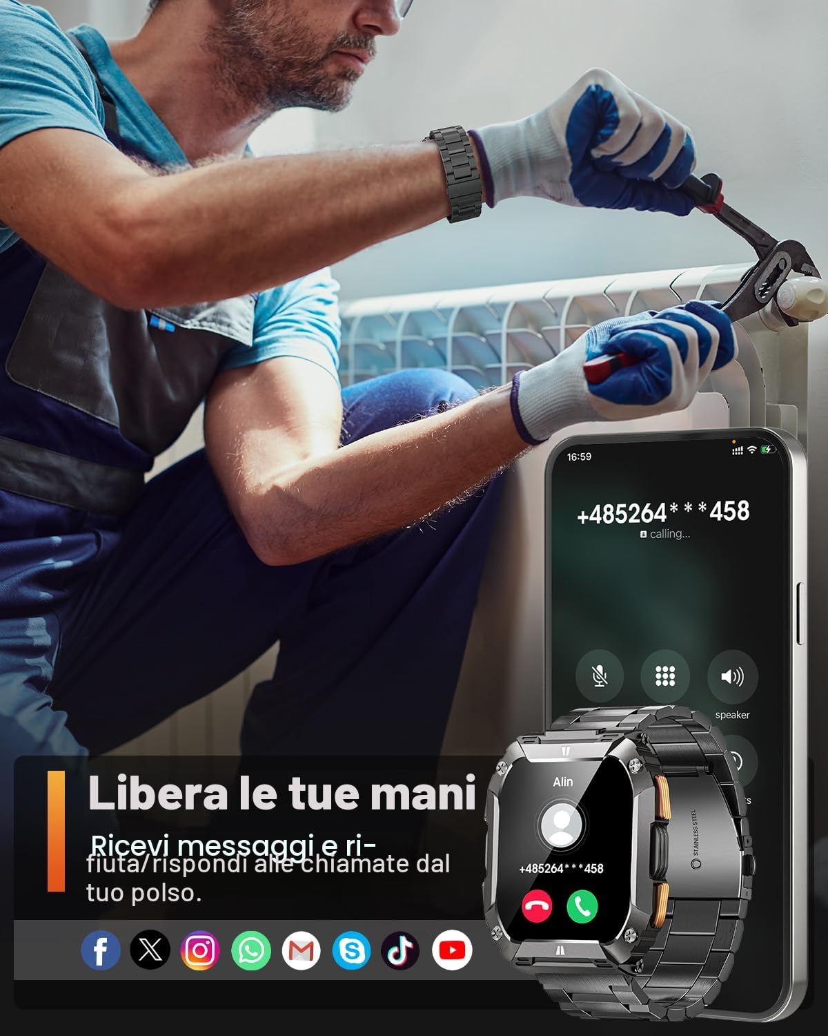 Smartwatch Uomo Militare con Torcia LED/1000mAh, 2.01" AMOLED Smartwatch con Chiamate, 113 Modalità Sportive, 5 ATM Impermeabile Orologio Fitness, Cardiofrequenzimetro/Sonno/SpO2 Android iOS