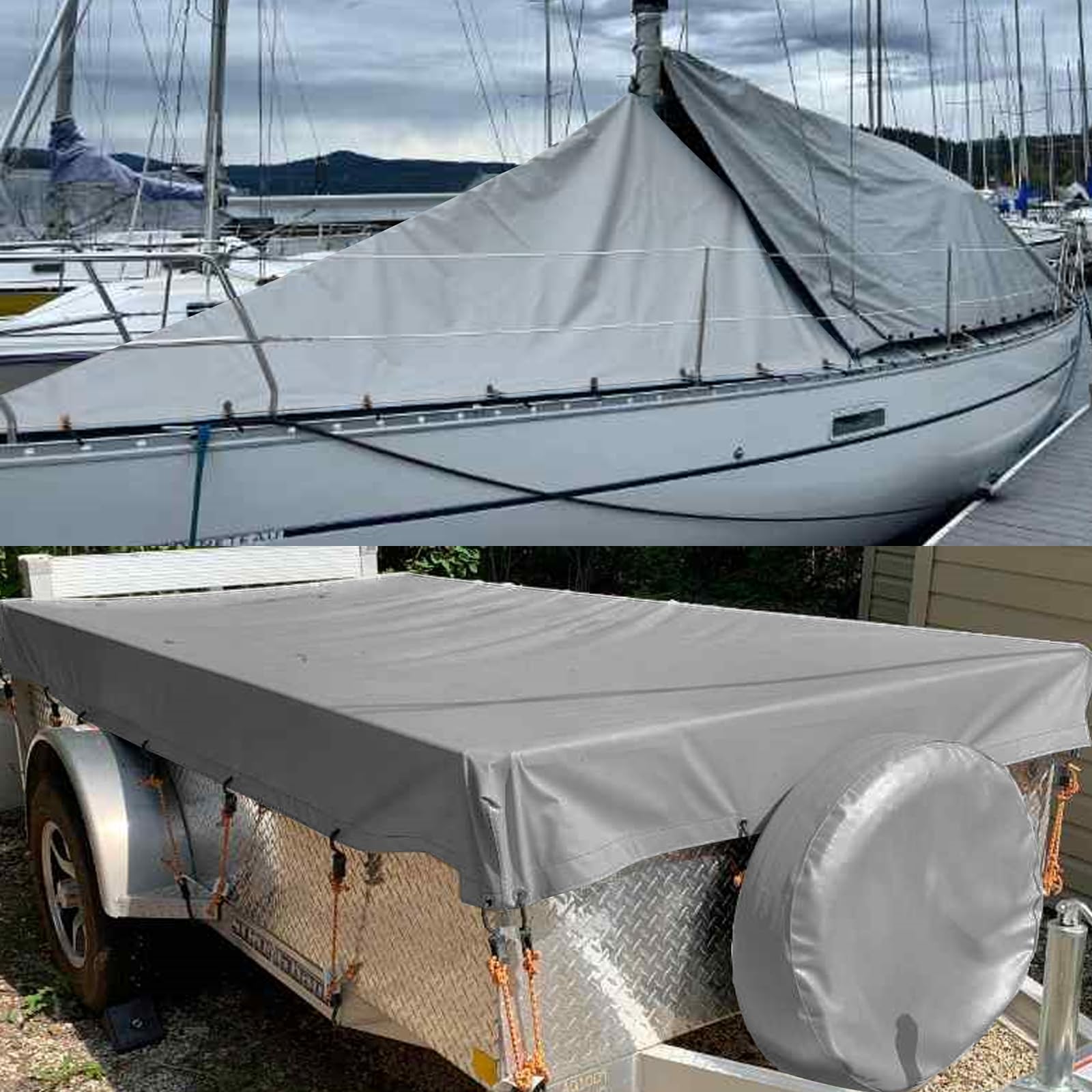 Lona Impermeable Exterior 420 g/m² Lona de Protección con Ojales y 10m Cuerda 3 x 5m Lonas Resistente a Los Rayos UV para Piscina Coche Barco Madera Muebles de Jardín (Gris)