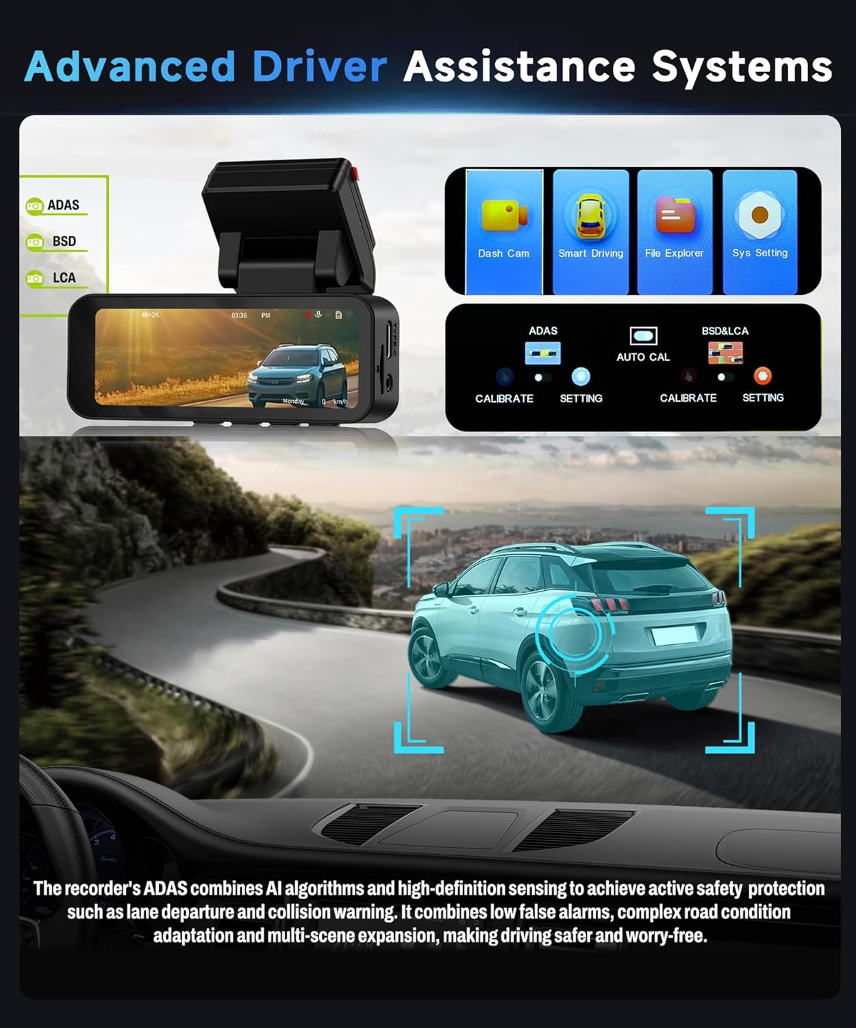 2 Channel 4K Dash Cam Front and Rear, 3.16 Inch Dash Camera Support WiFi GPS Starlight Night Vision Sensitive Motion Detection 24/7 Recording Parking Mode Monitor Reversing Help ADAS BSD LCA