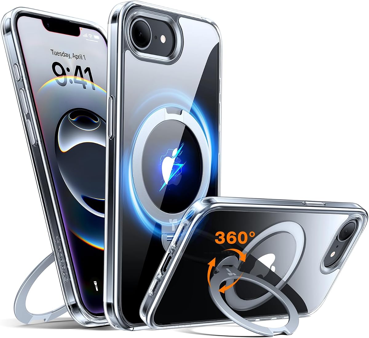 TORRAS 360 Spin para iPhone 17e y iPhone 16e con soporte, apto para MagSafe, protección de grado militar 4X, funda para teléfono con soporte para iPhone 17e, funda delgada con soporte para anillo, transparente de 6,1 pulgadas