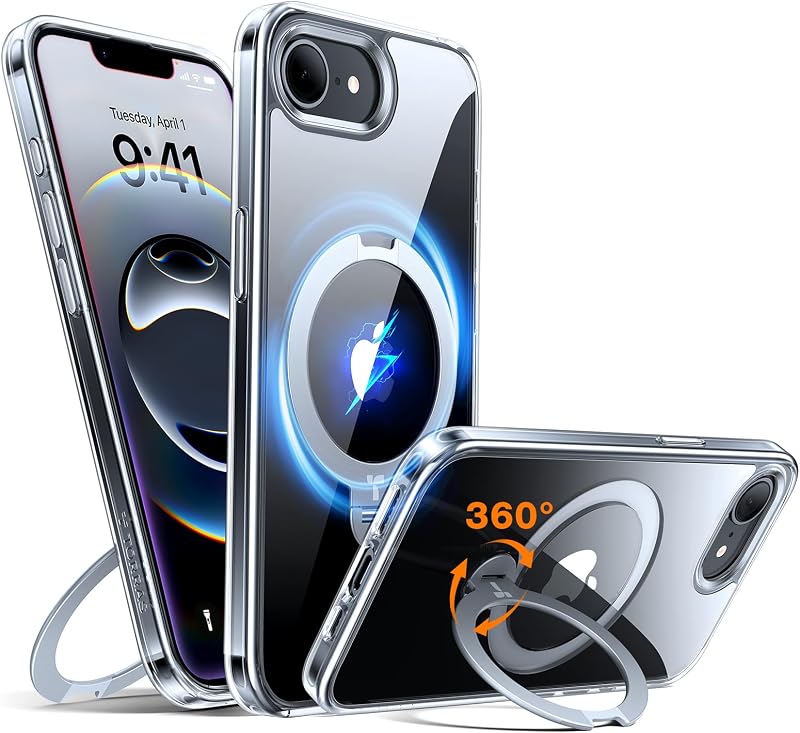 TORRAS 360 Spin para iPhone 17e y iPhone 16e con soporte, apto para MagSafe, protección de grado militar 4X, funda para teléfono con soporte para iPhone 17e, funda delgada con soporte para anillo, transparente de 6,1 pulgadas