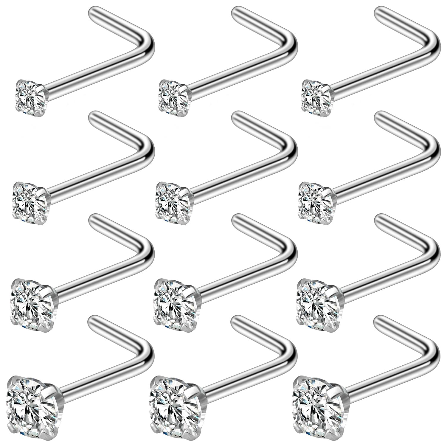 Kridzisw18G 20G 22G L Shaped Nose Rings Stud with Cubic Zirconia Hypoallergenic 316L Surgical Grade Stainless Steel Nose Nostril Rings Body Piercing Jewelry for Women Men CZ Size 1.5mm 2mm 2.5mm 3mm