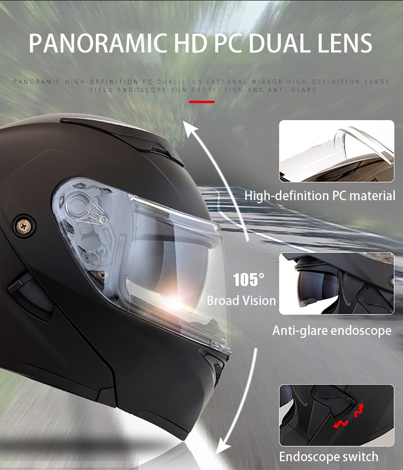 Bluetooth Casco Moto Modular, ECE Homologado Casco Abatible con Antivaho Doble Visera, Micrófono, Carcasa Alta Resistencia, Guantes Cubrecarapara Adultos Carreras Carretera 2,Large