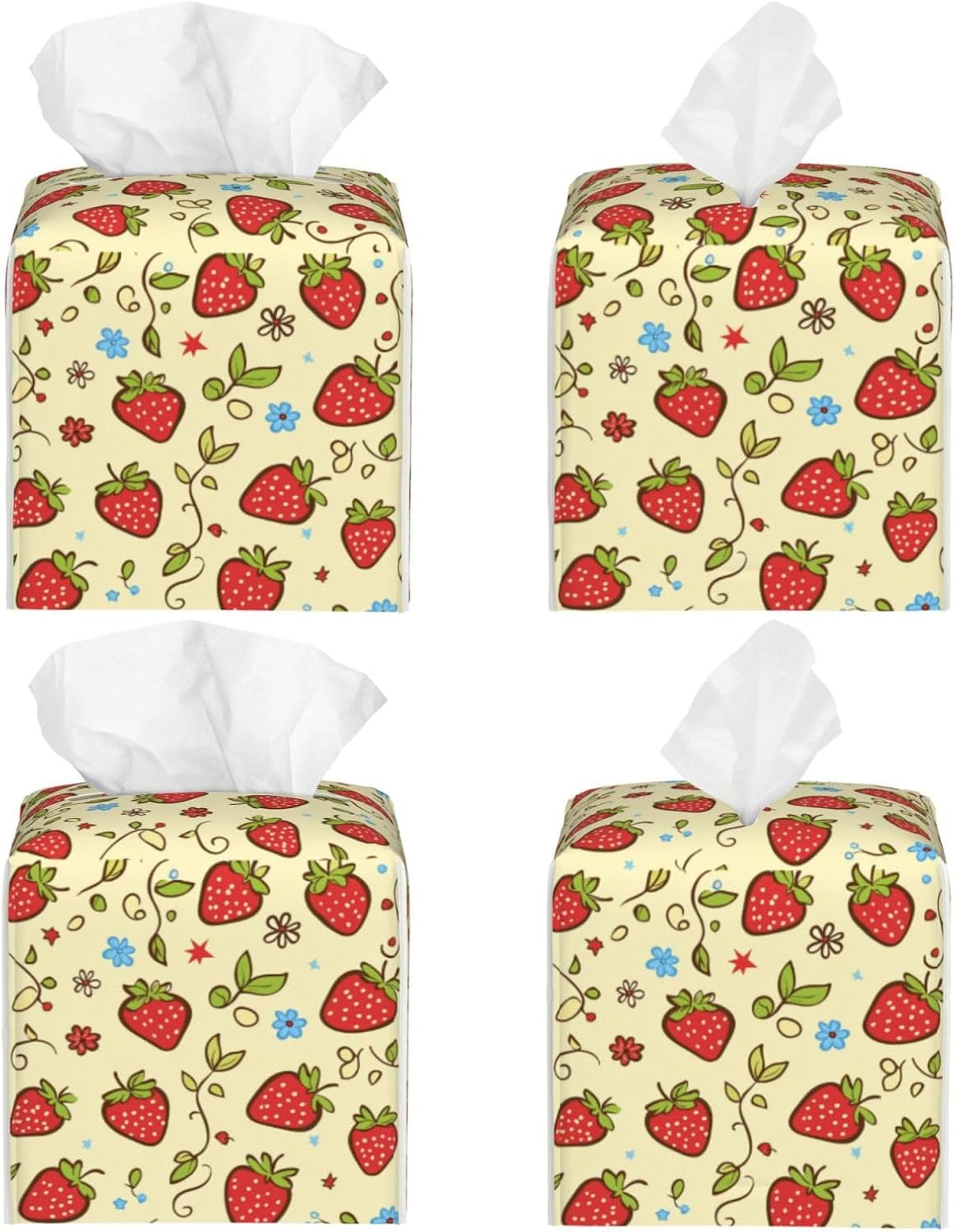 Cute Strawberry Flower Doodle Tissue Box Cover Square, Waterproof Leather Tissue Box Holder Portable Dispenser Modern Home Decoration for Bathroom Car Nightstand Vanity image 4