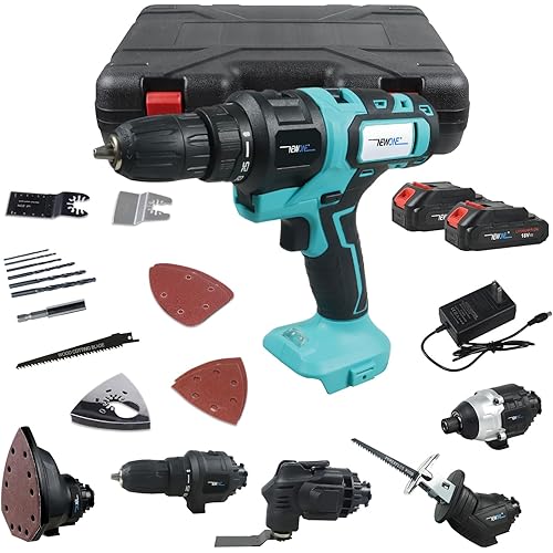 NEWONE 5-Tool Cordless Tool Combo Kit Compatible with Maki-ta 18V Battery,Tool Set with Drill, Reciprocating Saw, Driver, Oscillating Tool, Sander with Accessories, 2.0Ah Lithium Battery and Charger