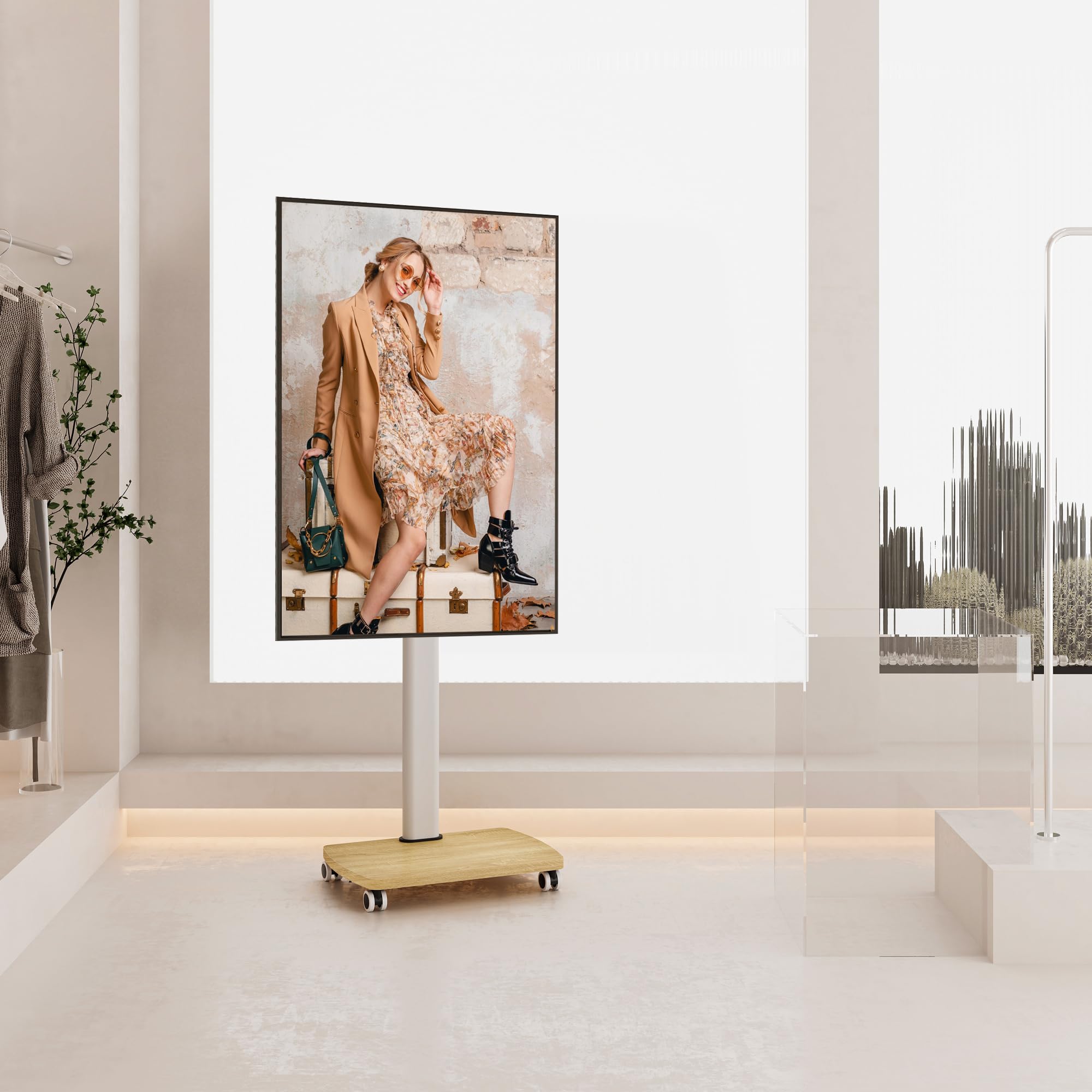 AOKCOS Soporte TV con Ruedas Horizontal y Vertical para 19-42 Pulgadas, Soporte TV Pie con Base de Madera, inclinación Altura Ajustable y Giratorio, hasta 20 kg MAX. VESA 200×200mm Blanco