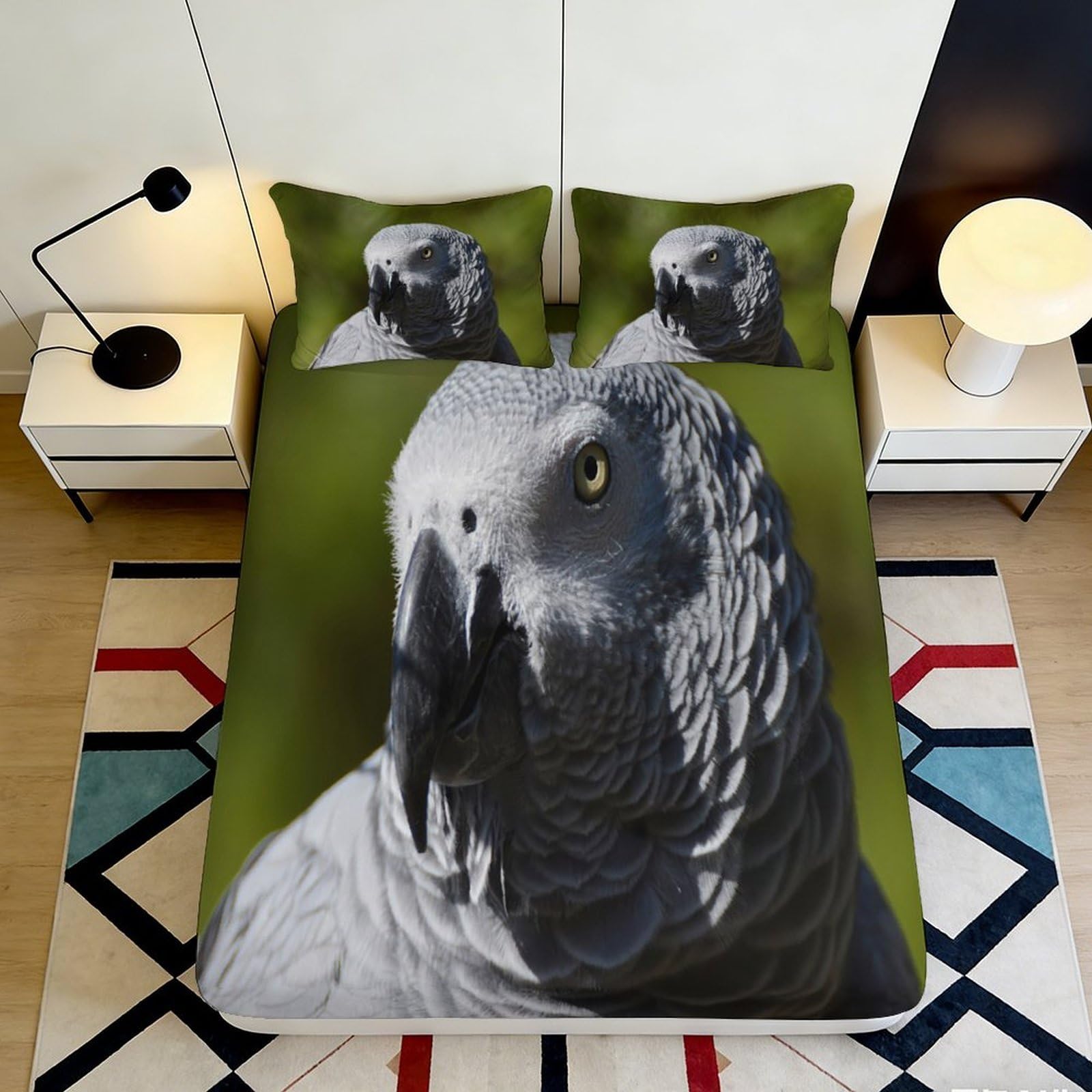 Dhbaneiok Style-9 3D Printed African Grey Parrot Fitted Sheet Microfiber Soft Green Bird Pattern Mattress Cover Bedroom Decor 90X200x25cm