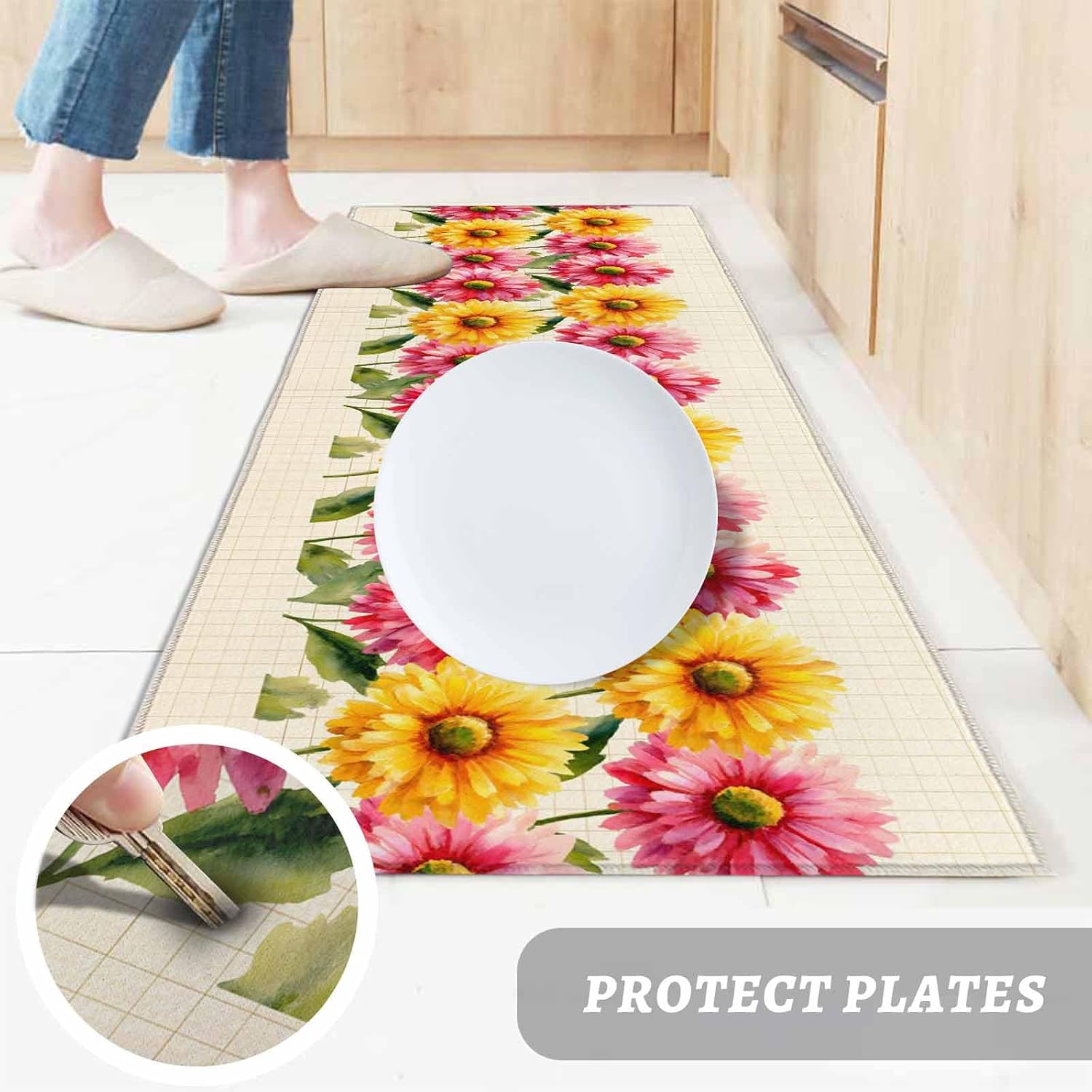 Teamery Kitchen Mats for Floor Country Pink Yellow Flowers Washable Non Slip Kitchen Rugs 2PCS, Check Background Absorbent Standing Mats for Sink Bathroom Office Living Room 15.7x23.6in+15.7x47.2in
