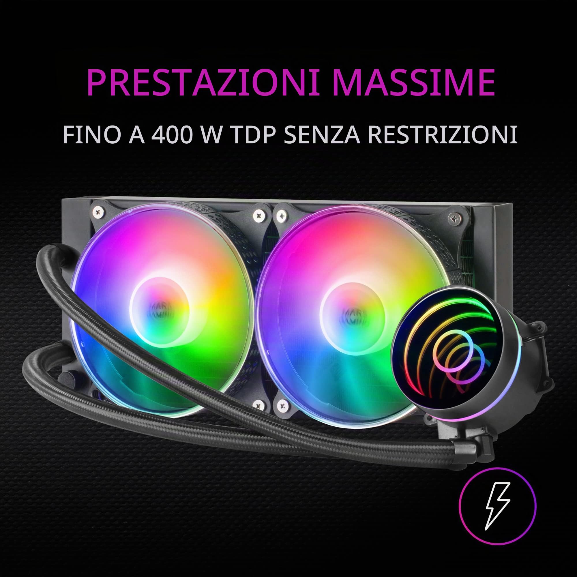 MARSGAMING ML-ONE360 Nero, Raffreddamento a Liquido CPU, TDP 550W, Infinity Mirror, 3 Ventole FRGB Silenziose, Universale Multisocket