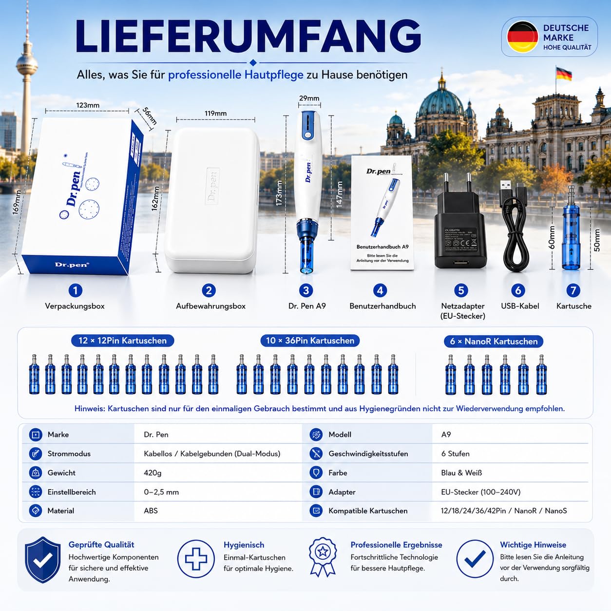 Dr. Pen A9 hautpflege-Pen Set mit 28 Patronen (12×12Pin & 10×36Pin & 6xNanoR), Kabellose, 6 Geschwindigkeitsstufen & LED-Anzeige für Hautpflege, Feine-Linien-Verbesserung & Hautbild-Optimierung