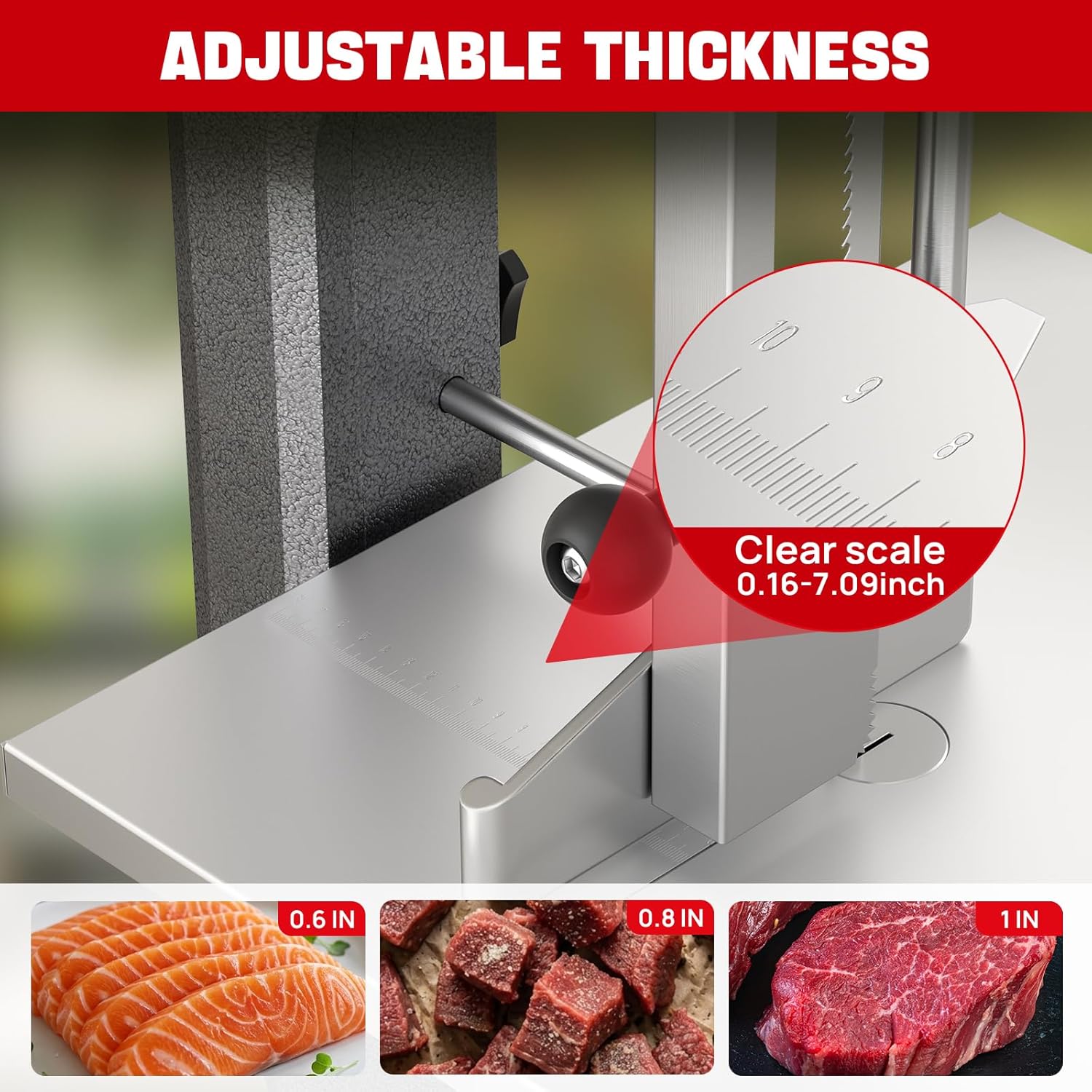 Electric Commercial Meat Bone Saw, 1500W Stainless Steel Meat Bone Sawing Machine, Workbeach 18.31"x14.37",1.57-7 Inch Cutting Thickness, Frozen Meat Cutter for Beef,Deer,Fish,Chicken