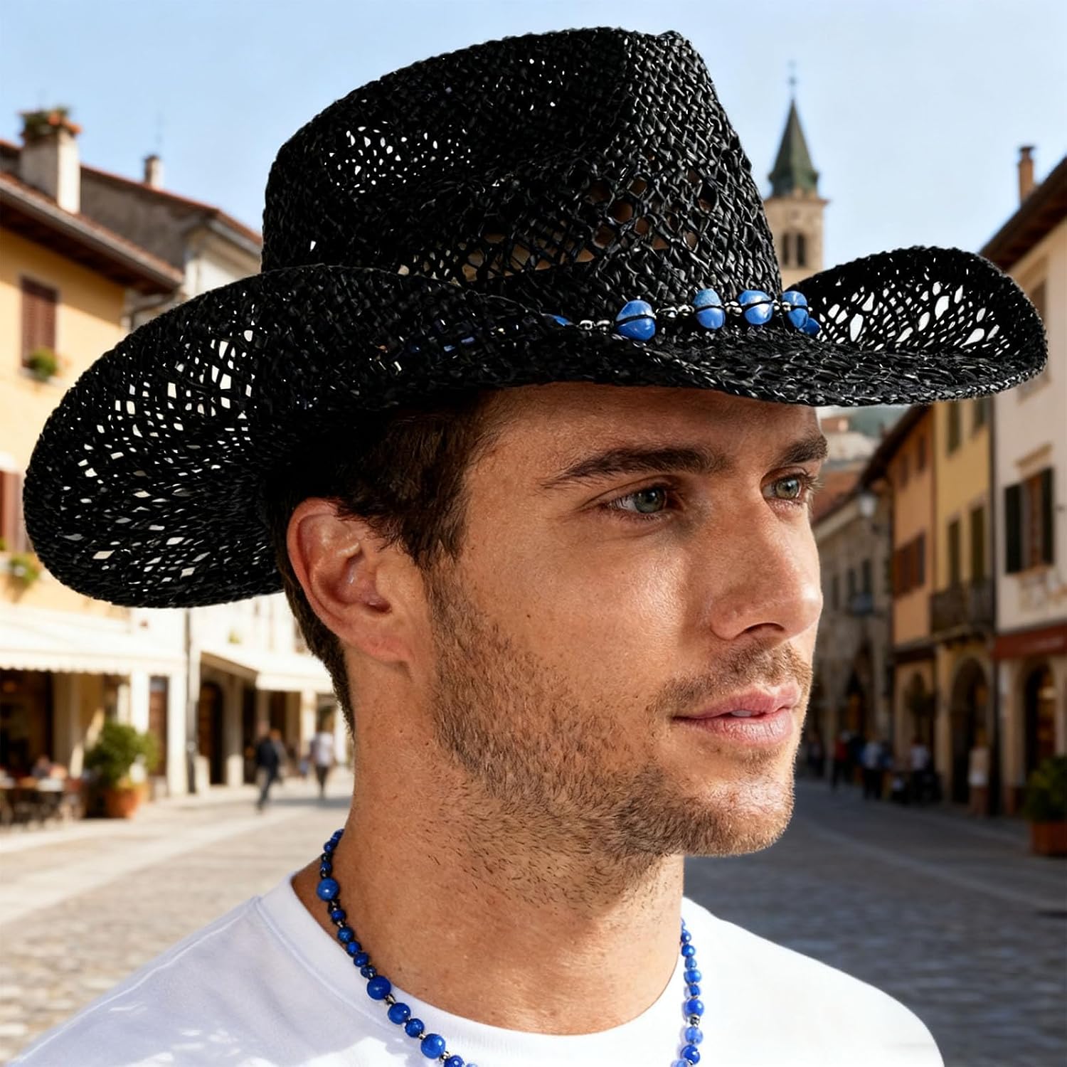 Black Cowboy Hat for Women, Roll Brim Straw Western Hat, Beaded