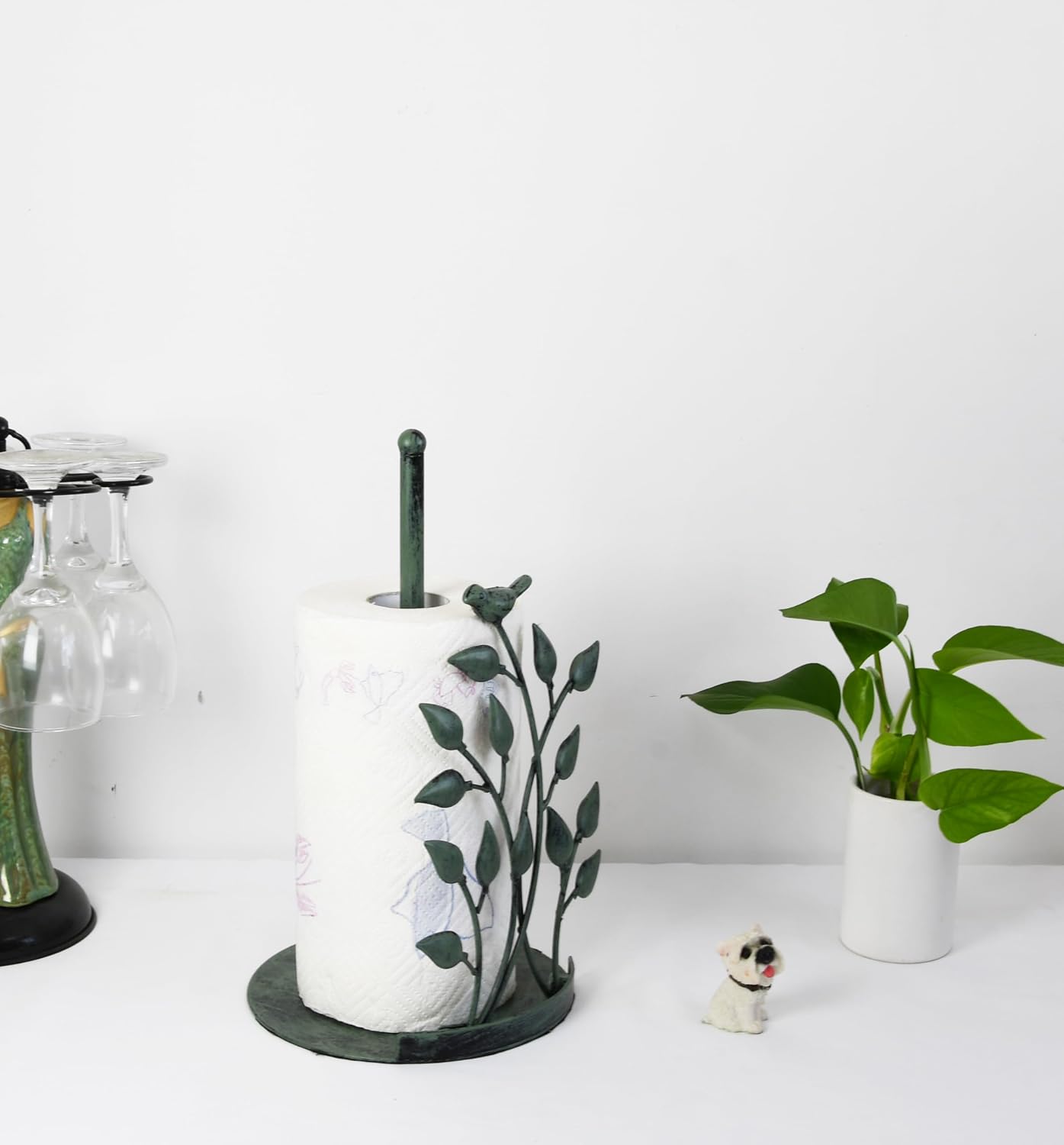 Owlgift Rustic Green Bird Paper Towel Holder for Kitchen - 12.8" Cast Iron Finial & Iron Standing Dispenser with Leaf Tension Arm - Vintage Botanical Farmhouse Decor for Standard & Jumbo Rolls image 4