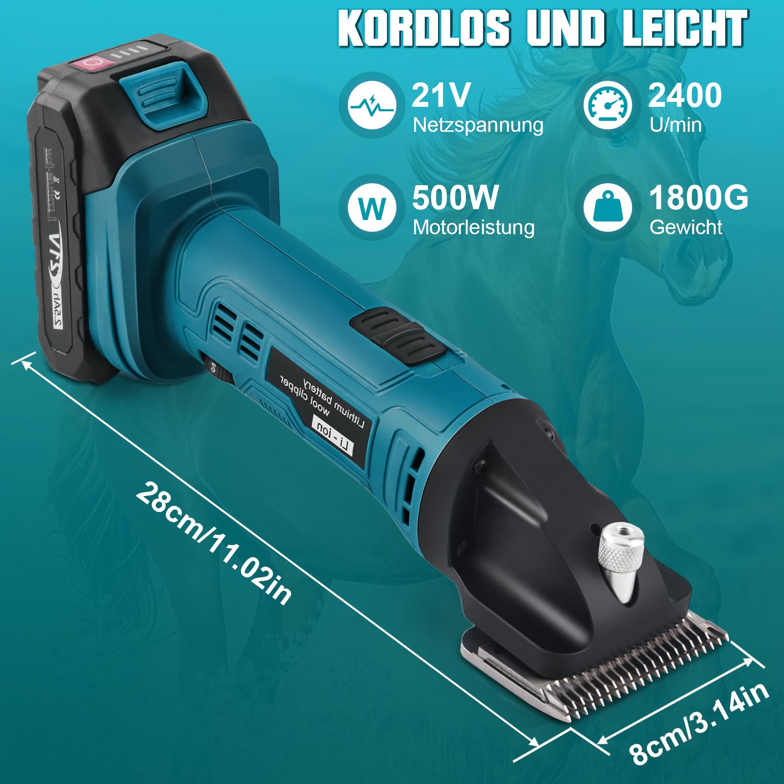 500W Schnurloser Haarschneider für dickes und verheddertes Haar, 2 x 2500 mAh Akku, 6 Geschwindigkeiten, 2400 U/min, kompatibel mit Makita 18V Akku
