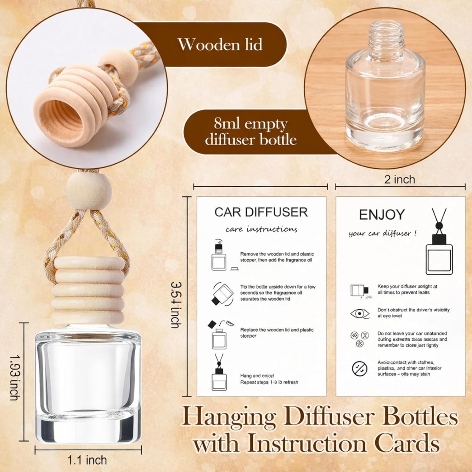 Boao 100 Sets Hanging Car Air Freshener Diffuser Bottles Empty Bulk with Car Diffuser Instruction Cards Organza Bags Glass Refillable Essential Oil Fragrance Aromatherapy Pendant (Cylindrical,Clear)
