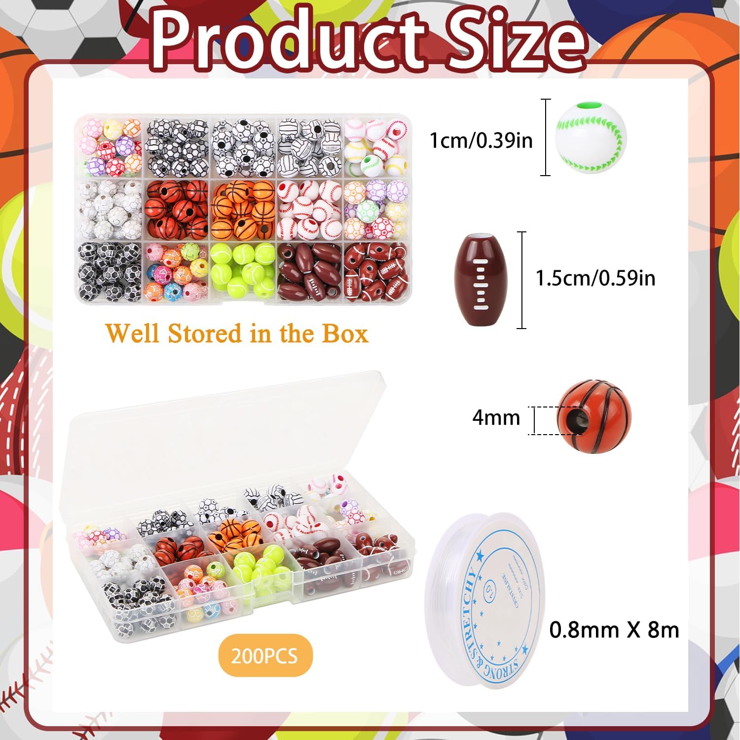 200 Pcs Sports Ball Beads for DIY Jewelry Making, Acrylic Tiny Baseball Basketball Soccer Football Volleyball Beads for Bracelets Keychains Necklaces Crafting Sports with Box