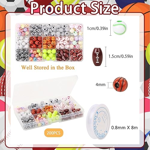 Miniatura 2 de 200 cuentas deportivas para hacer joyas de bricolaje, básquetbol, fútbol, voleibol para pulseras, llaveros, collares, manualidades, juego incluye