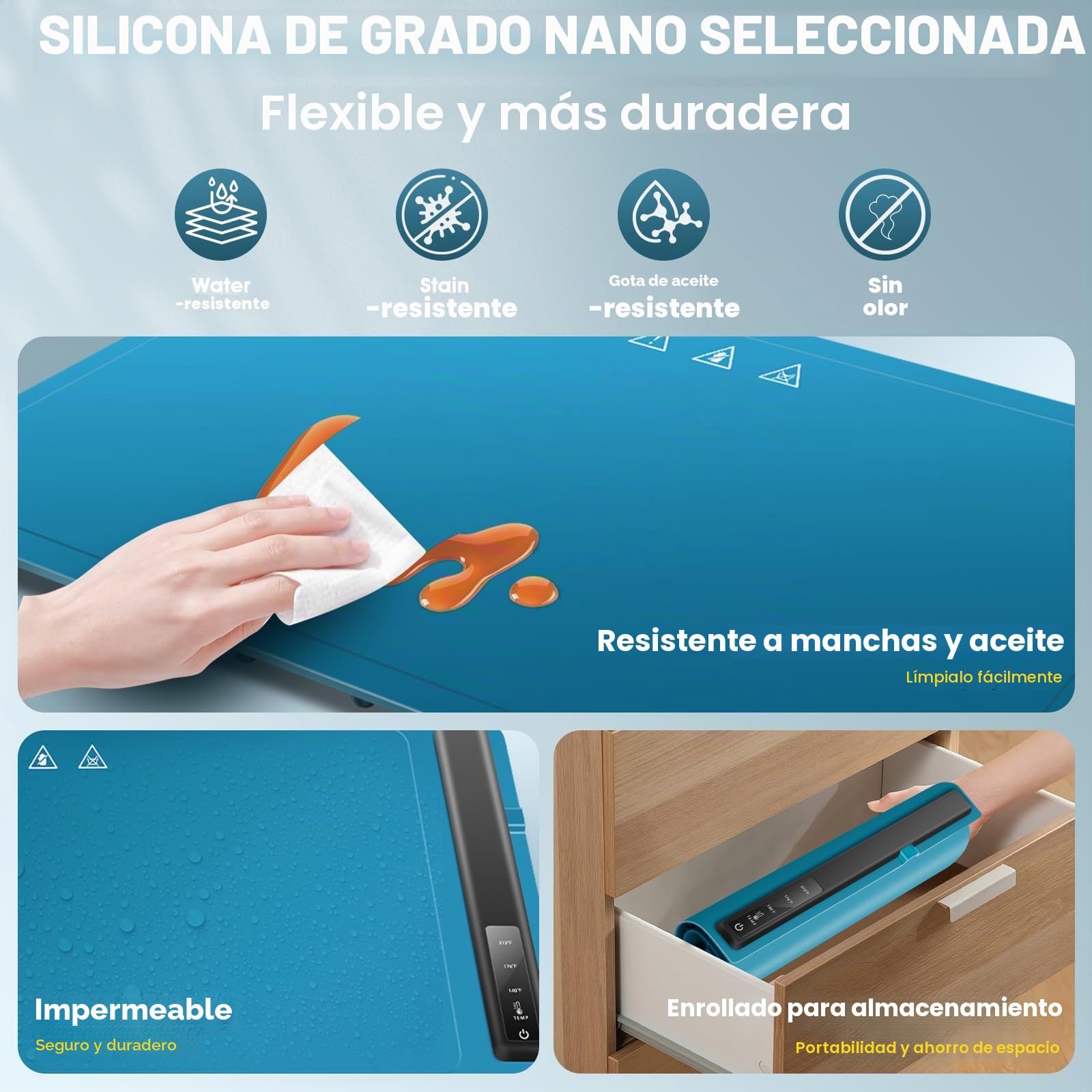 KingSom Bandeja de Calentamiento Eléctrico, Calentador Alimentos Portatil Silicona Plegabl Placa Calentadora con 60-100℃ Ajustes de Temperatura, Calentador de Comida para Bufés con 2 Alfombrillas