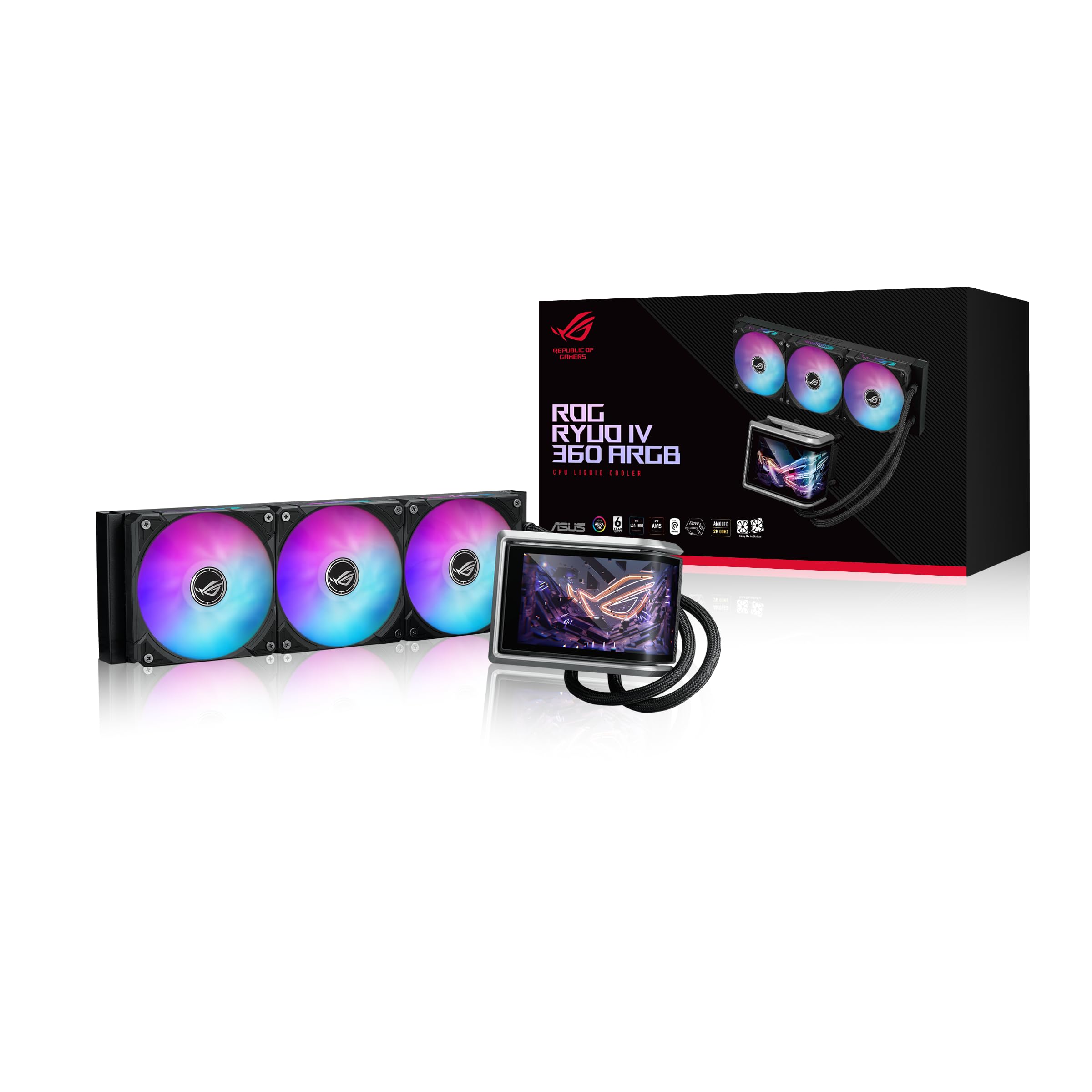 ASUS ROG RYUO IV 360 ARGB Sıvı Soğutucu, 6.67 inç AMOLED Ekran, Asetek Emma Gen8 V2 Pompa, 3x120mm ARGB Fan, AM5/AM4/LGA 1851/1700 Uyumlu