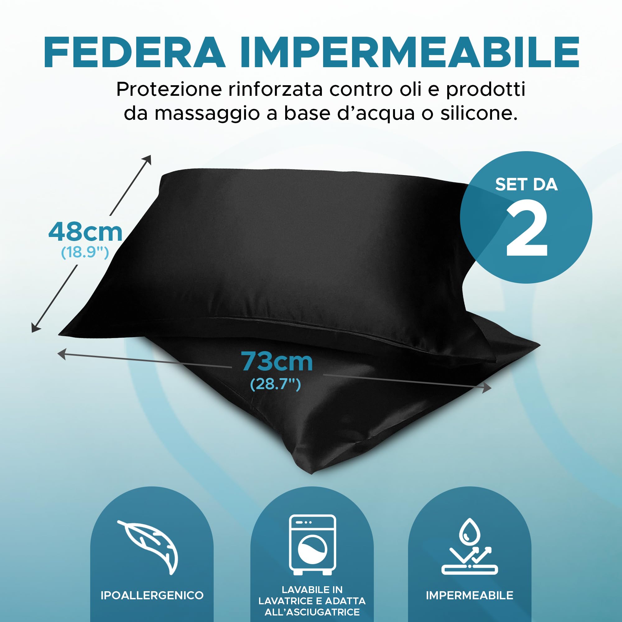 Federe Protettive Impermeabili Set da 2, 48x73cm Nero, Chiusura a Busta