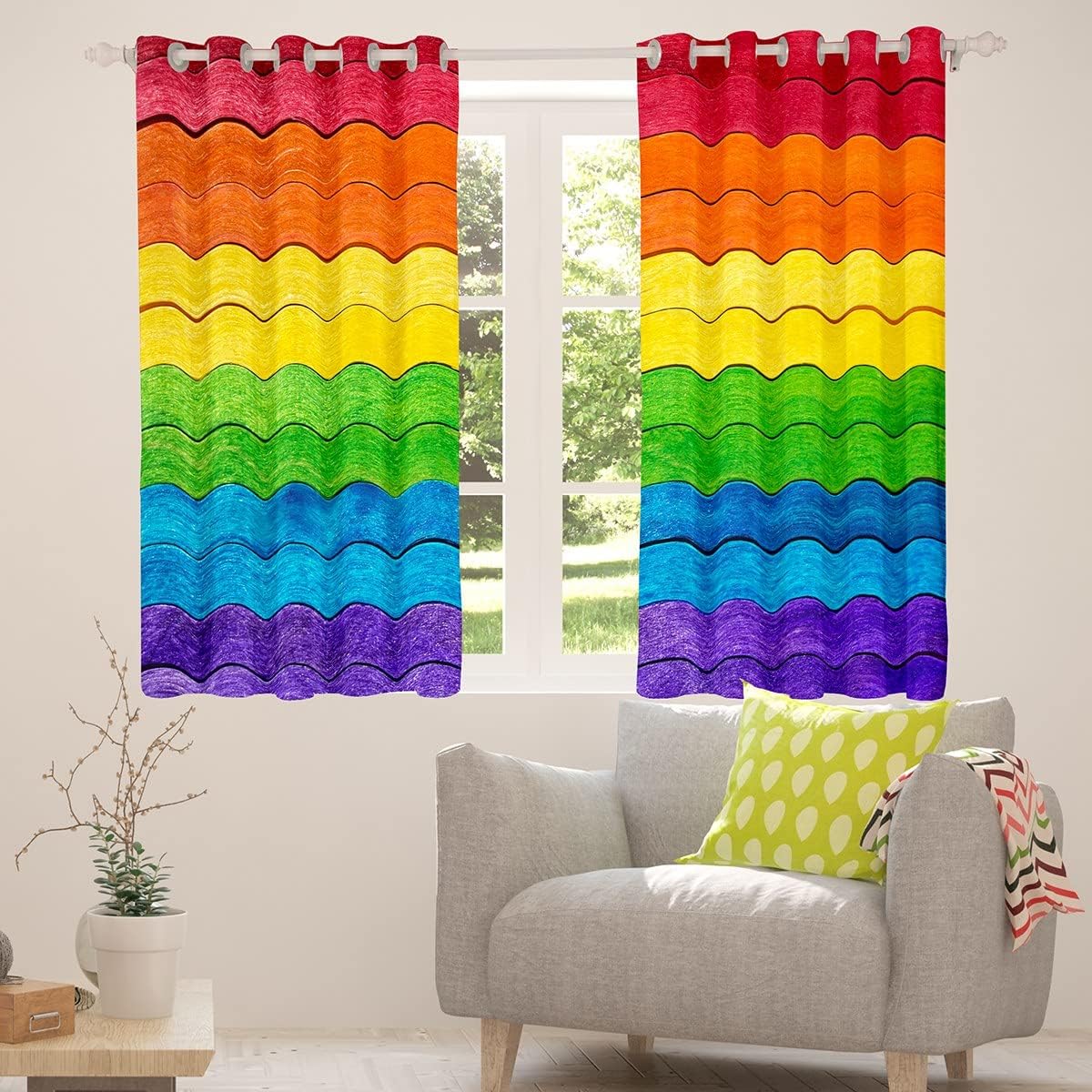 Manfei Kids Rainbow Window Curtains Colorful Stripe Print Window Treatments Watercolor Wooden Floor Window Drapes for Girls Room Decor Grommet Top 2 Panel Set Bedroom Curtains, 52Wx96L inch