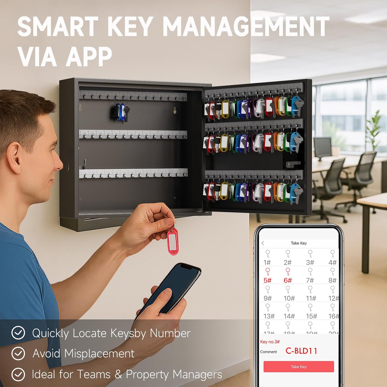 WeHere 90-Key Smart Key Lock Box – Wall Mounted Key Cabinet Organizer with App Access, One-Time Code, Bluetooth & WiFi Unlock (Sold Separately), Key Management System for School, Rental, Office