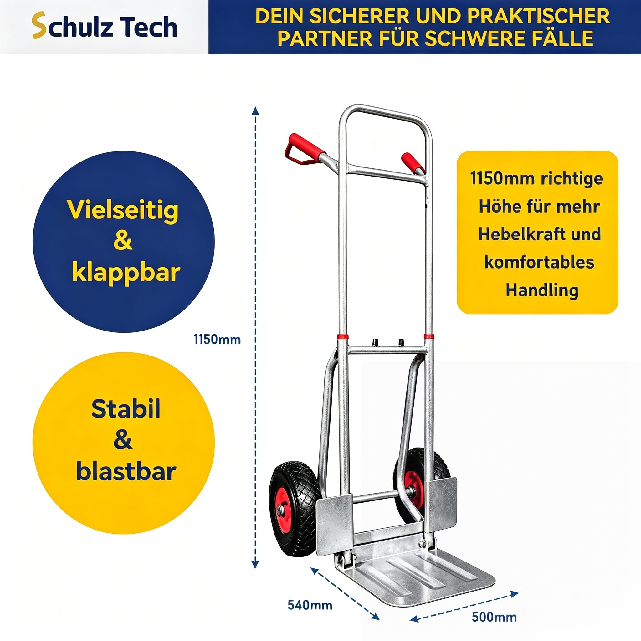 Sackkarre klappbar 200kg Traglast - Hochwertiger Stahl ergonomischer Transportwagen für Lager,Umzüge und Getränkekisten - XL Schaufel,Sicherheitsgriffe,luftbefüllte Reifen - Silver