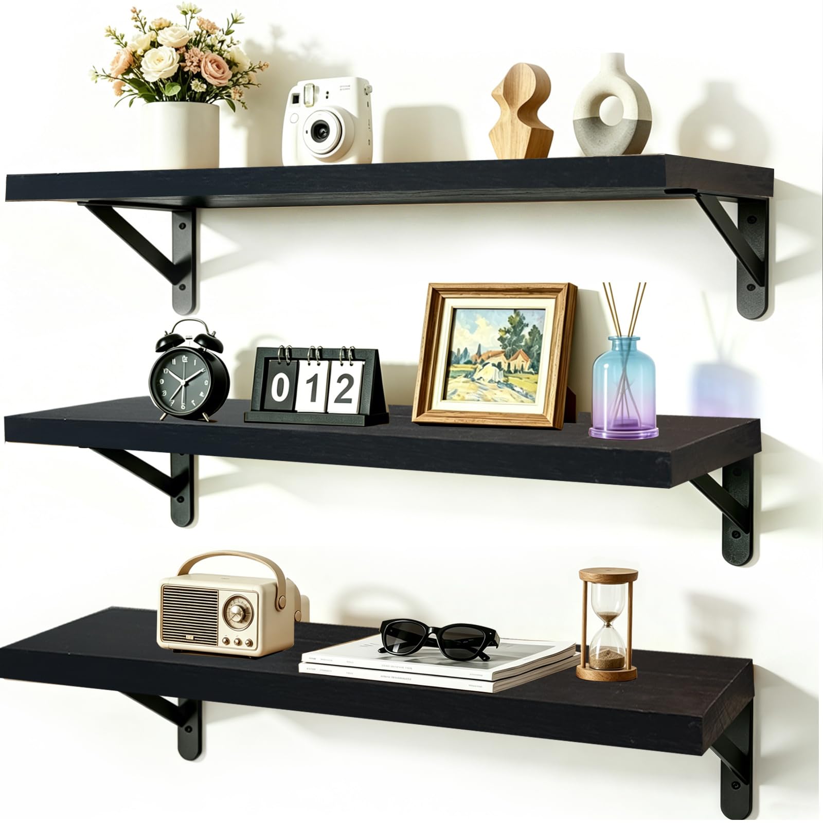 Black Floating Shelves for Wall Shelf 60cm, 3 Kitchen Bedroom Long Wooden Rustic Mounted Shelfs for Walls, Wood Shelving Display Book Picture Small Trinket, Room Living Room Office Bathroom Decor
