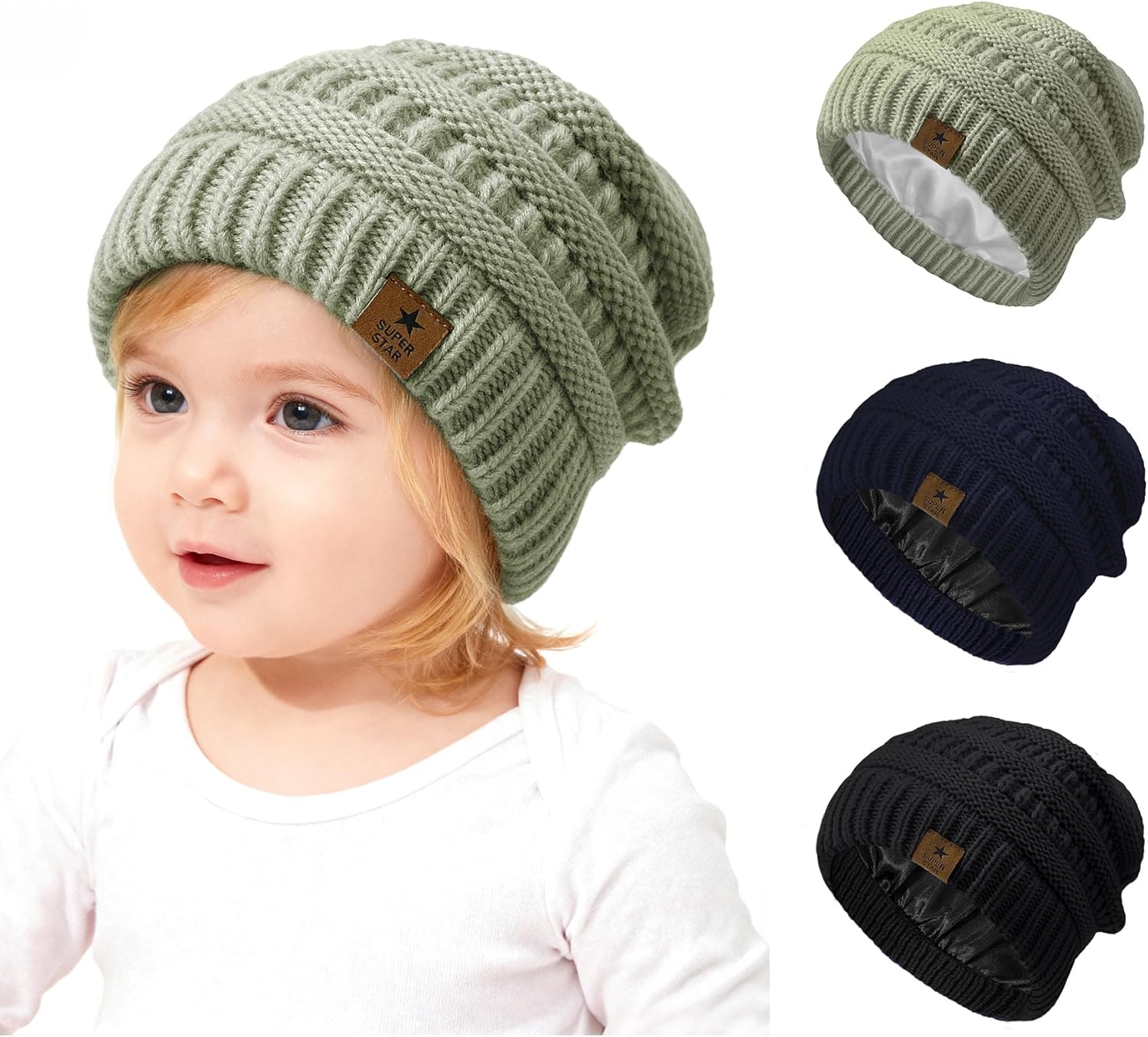 Zando 3 Pack Satin Lined Baby Girl Boys Toddler Winter Hat Infant Beanie Warm Soft Cable Knit Hat Silk Lined Outdoors