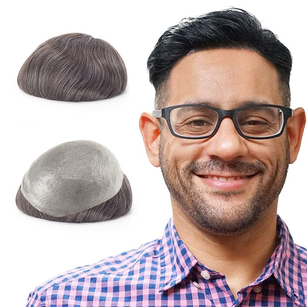 Lordhair Hair System for Men with Human Hair 8x10 inch Hairpiece for Men 0.06mm Super Thin Skin All V-looped Mens Toupee Off Black 2#+40% Grey Hair