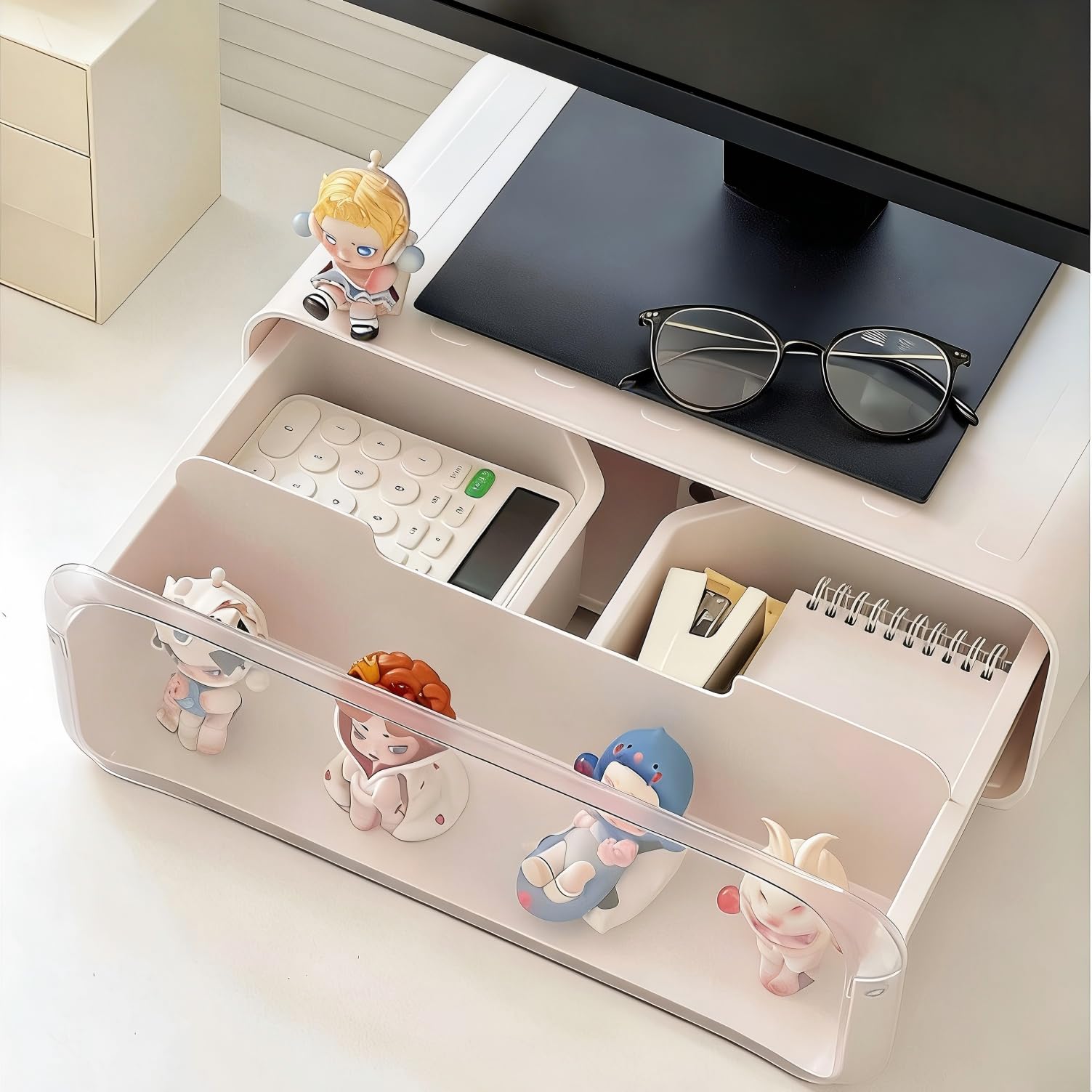 Supporto Monitor Scrivania, Supporto PC Portatile, Supporto Schermo PC da Tavolo Ergonomico, Laptop Computer Monitor Stand con Cassetto Portaoggetti, Accessori Scrivania, Bianco（37x21x13cm）