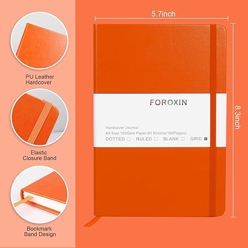 Miniatura 2 de Cuaderno cuadriculado con diseño de viñetas, cubierta de cuero naranja, 8.3 x 5.7 pulgadas, 160 páginas, papel de 3.53 ozm, tapa dura con bolsillo