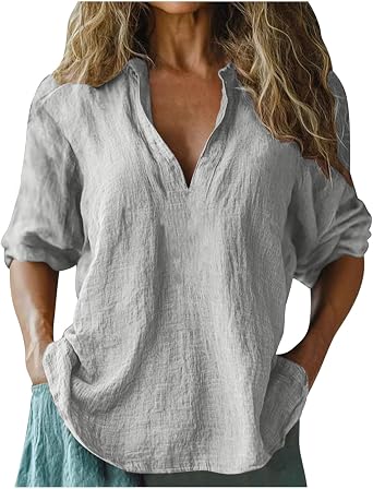 Womens Summer Tops 3/4 Sleeve Cotton Linen Tunic Shirts Dressy Casual V Neck Beach Blouses Fashion Tshirt