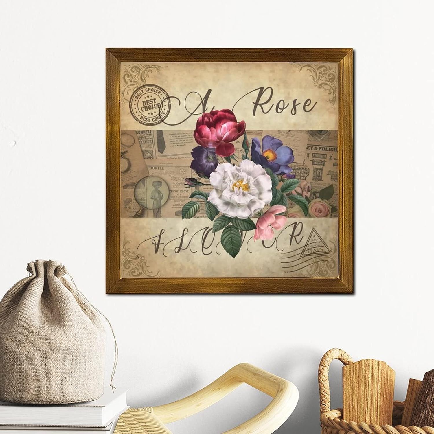 Vintage French Rose Flower Wooden Framed Sign Retro Newspaper Music Note Wood Wall Art Classic Botanical Artwork Home Wall Hanging Sign Decoration for Home Bedroom Living Room Bathroom 12x12 inch
