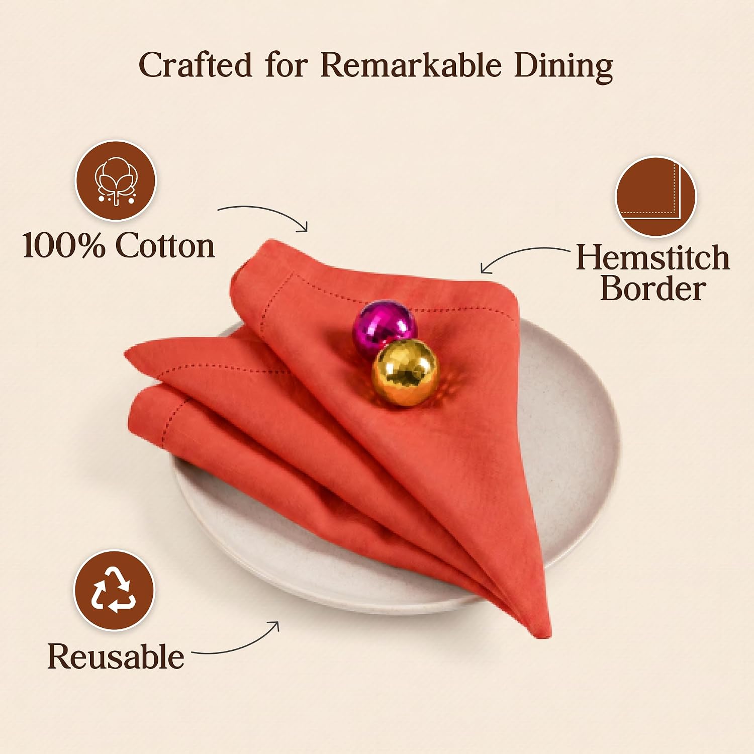 CLOUDLOOM Hemstitch Cotton Cloth Napkins, Orange, Set of 12, 18"x18"