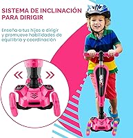 Vista 7 de Hurtle Patinete de 3 ruedas para niños, luces LED de ruedas, manubrio ajustable de inclinación para dirigir y asiento plegable, paseo sentado