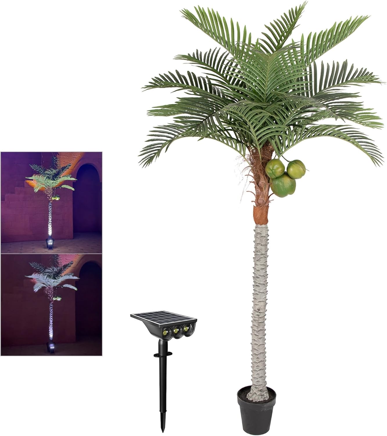 8ft UV Resistant Fake Palm Tree with Solar Warm/Cool White Dual Color Spotlight & Coconut Fruits, 96in Artificial Palm Tree, Faux Light Up Palm Coconut Tree for Poolside Patio Backyard Home Decor