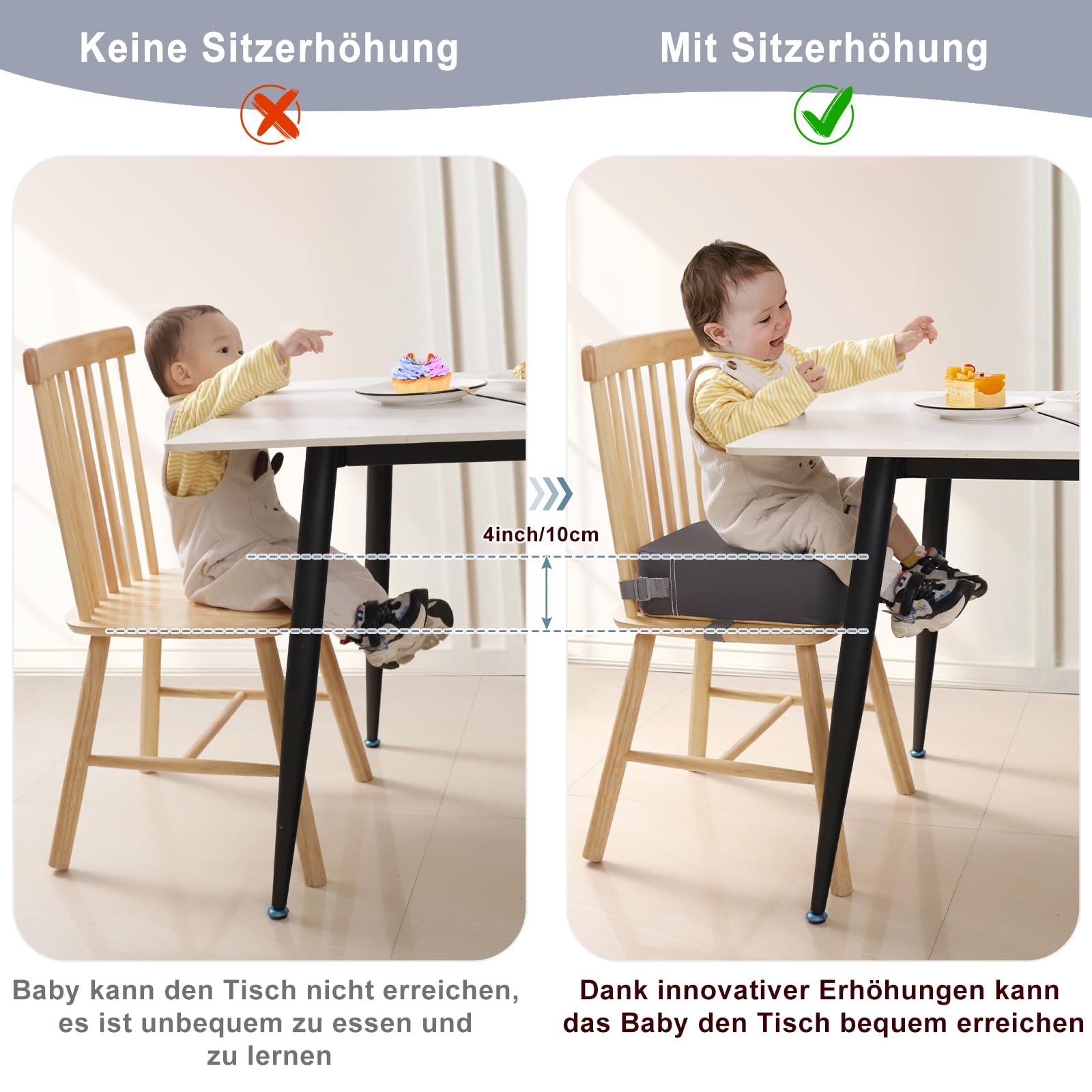 Rialzo Sedia Bambini Cuscino Da Tavolo Lavabile Alzasedia per Bambini Regolabile Alza Sedia con 2 Cinghie Per Sedia Da Pranzo(Grigio Scuro)