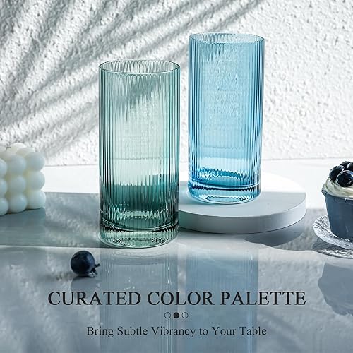 Miniatura 2 de Physkoa Juego de 6 vasos acanalados de 16 onzas, cristalería colorida inspirada en la vendimia, pesados, duraderos, perfectos para agua, cócteles,