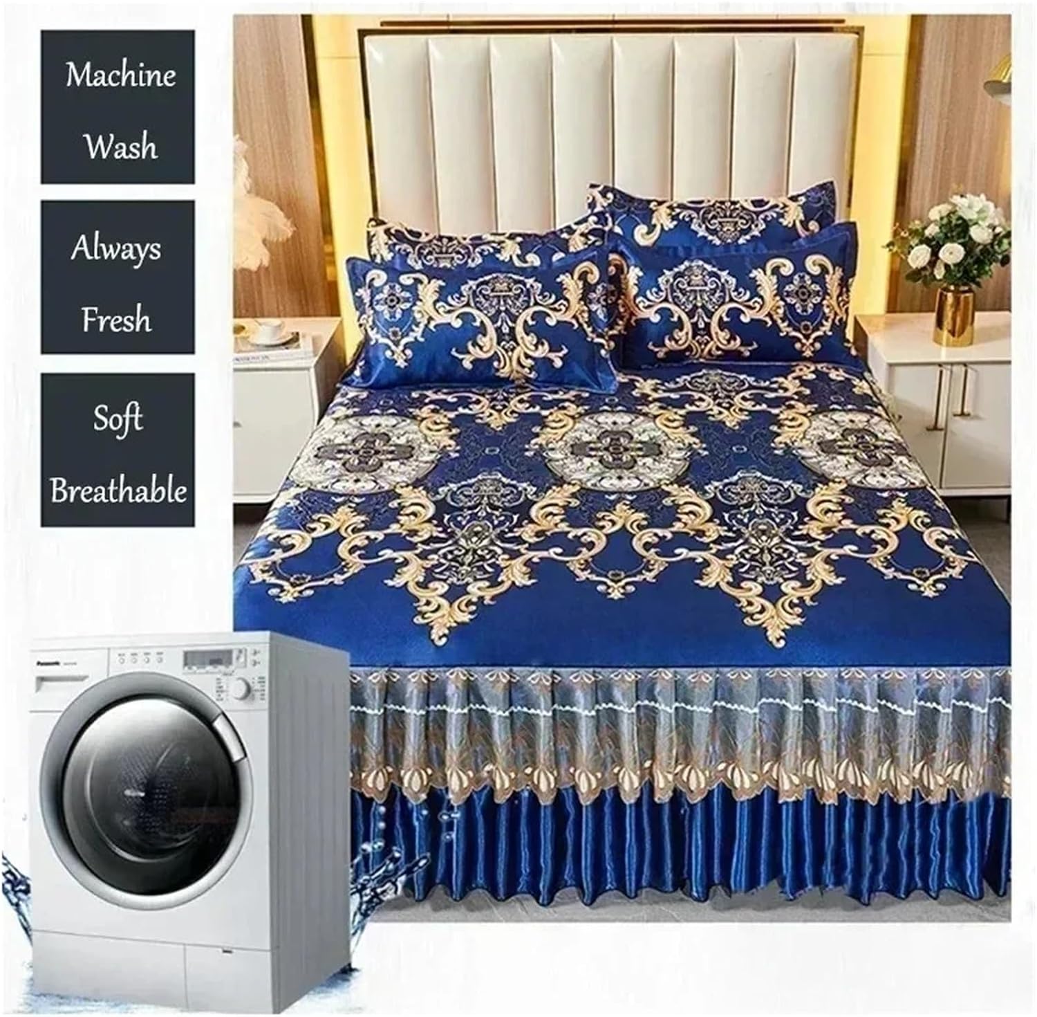 Bed Skirt Cooling Bed Skirt with Pillowcase for Summer Anti Slip Straps Romantic Folding Sheets Bedding Queen King Size(Color 1,3 pcs 150x200cm)