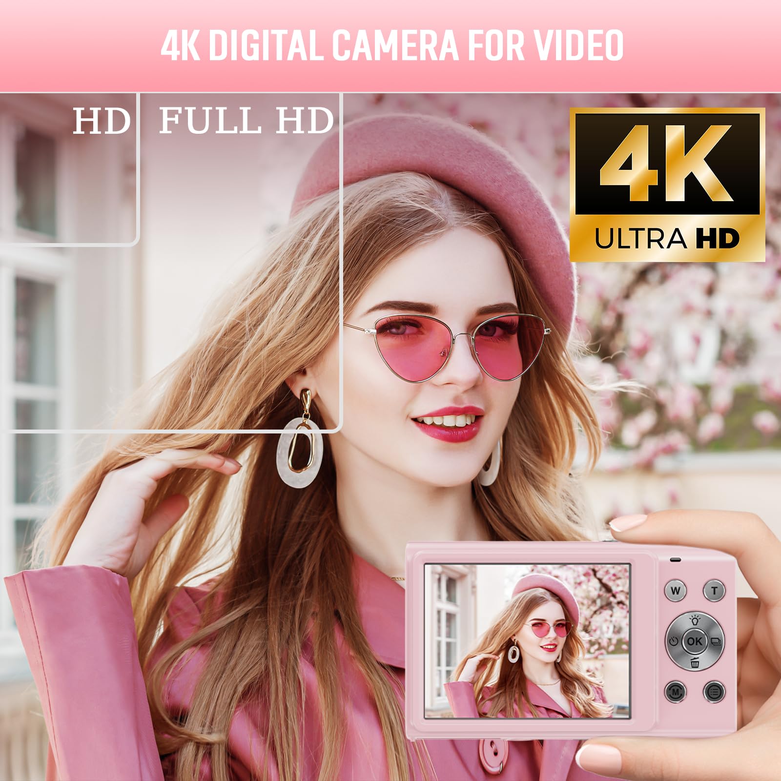 4K Digital Camera, 48MP 16x Digital Zoom Autofocus Compact Camera, Pocket Vlogging Micro SLR Camera, Compact Small Camera for Travel Photography Vlogging (PINK