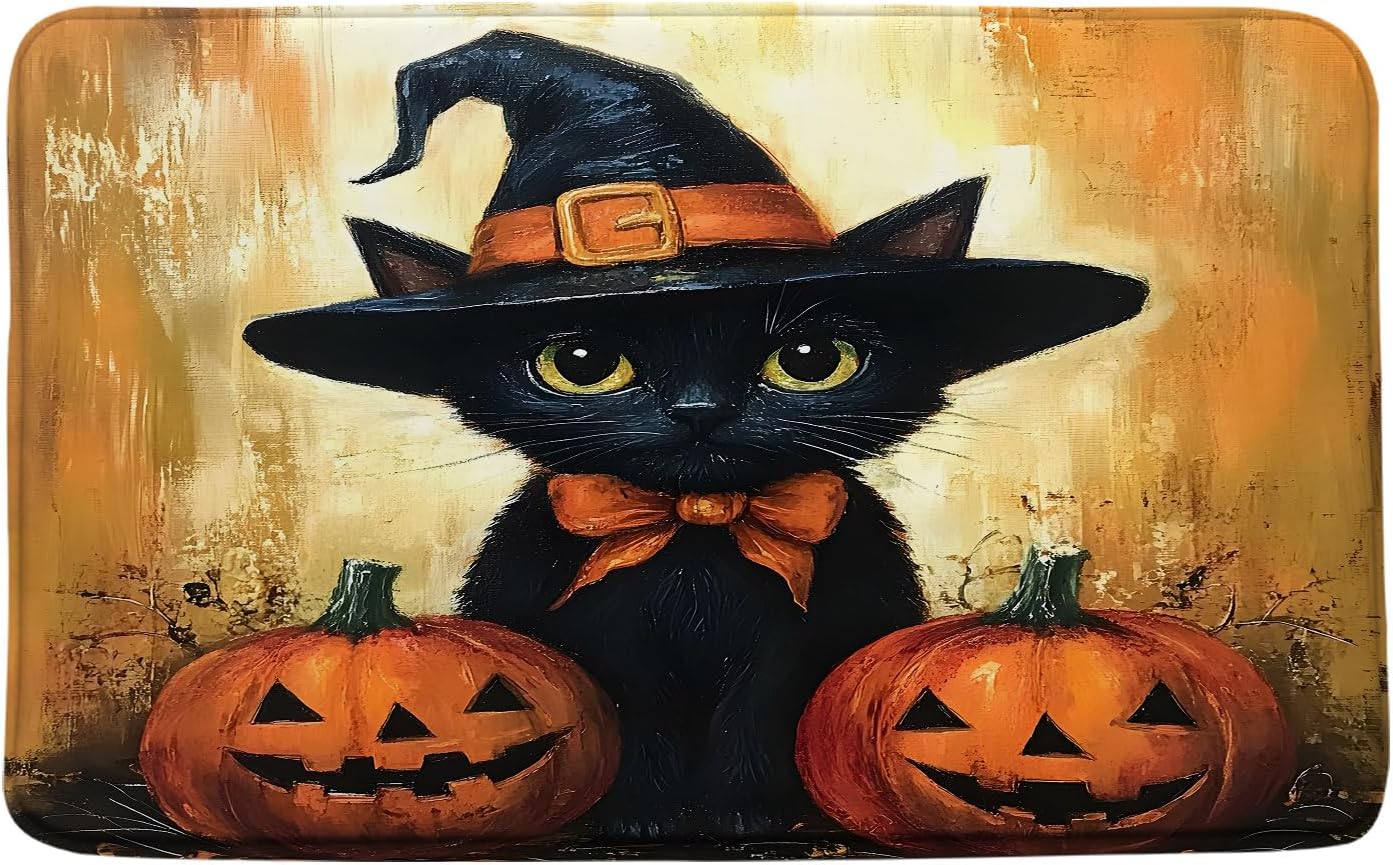 AMFD Spooky Halloween Bath Mat Horror Funny Black Cat Witch Hat Pumpkin Gothic Oil Painting Boho Bathroom Bathtub Floor Rugs Doormat Toilet Decor,24 x 60 in