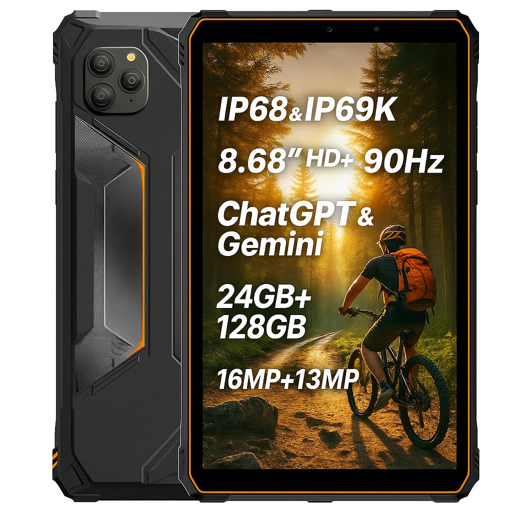 Blackview Active 5 IA Tablet Teléfono Resistente, 3 Modelos de IA, 8.68" HD+ 90Hz, Impermeable IP68/IP69K Android 15 Antigolpes, 24GB+128GB, Dual SIM 4G LTE, 16MP+13MP, GPS Huella Digital Naranja