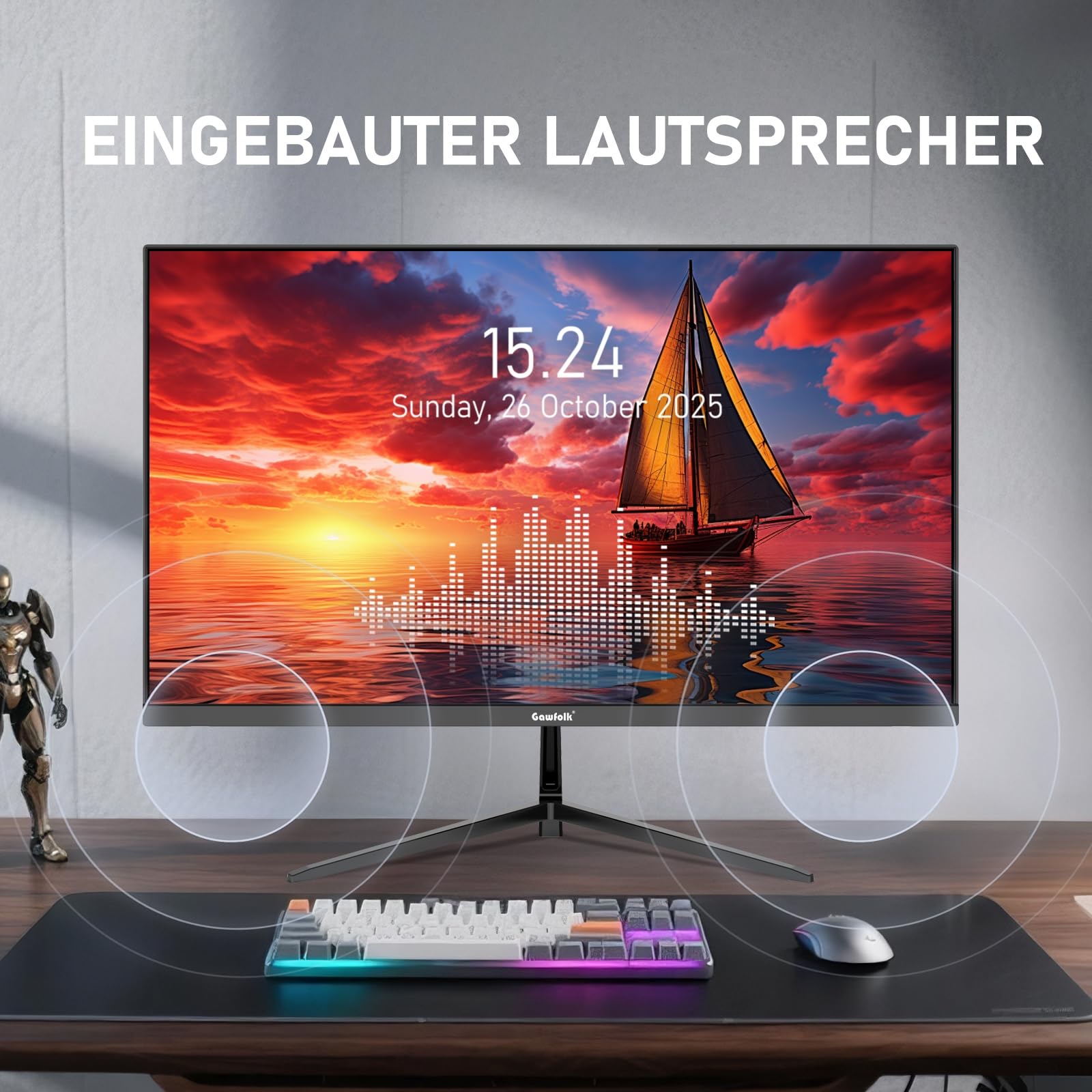 Gawfolk Monitor de 27 pulgadas QHD 75 Hz, pantalla de PC con altavoz | 2K 2560x1440P IPS - Pantalla de ordenador HDMI DP VESA 75 × 75 mm, para oficina en casa y multimedia