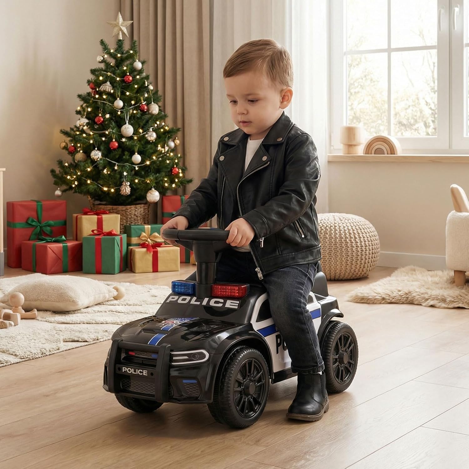 OLAKIDS Ride On Push Police Car, Toddler Foot-to-Floor Sliding Toy with Siren, Steering Wheel, Megaphone, Horn, Headlights, Under Seat Storage, Kids Racer Walking Gift for Boys Girls 1-3 (Classic)
