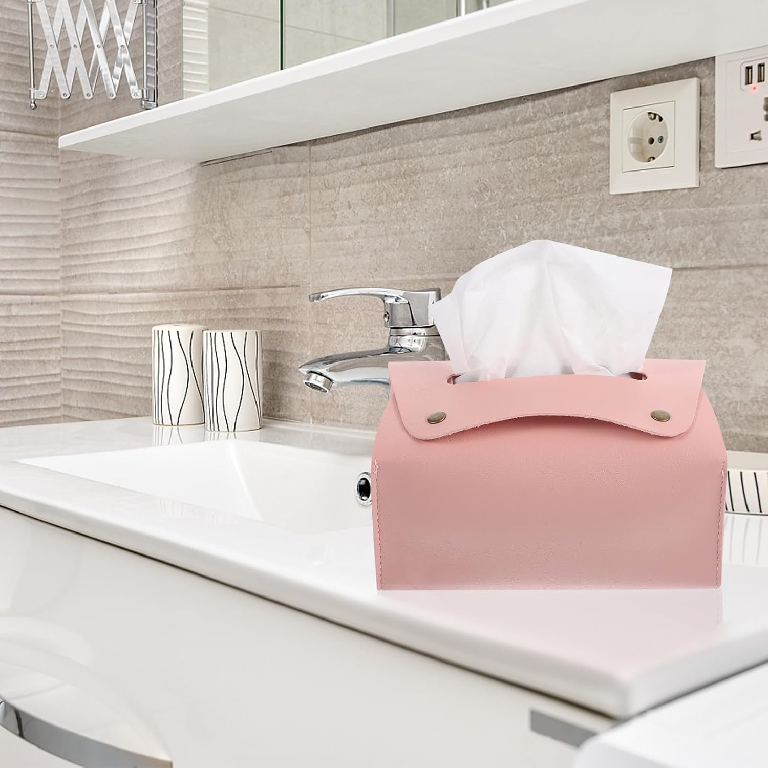 Pink PU Napkin Dispenser Holder for Dining Table Tissue Box