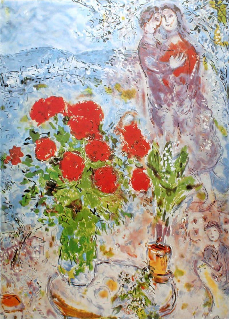 Amazon.co.jp: シャガール 絵画 額付き「赤い薔薇と恋人たち」作品証明
