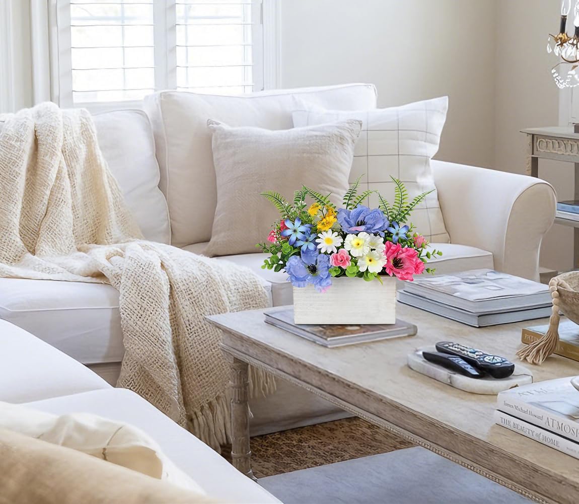 Briful Table Floral Arrangement Centerpiece, Artificial Flowers in Wooden Vase, Silk Flowers for Home Decor Indoor, Spring Summer Flower Farmhouse Table Decor for Dining Table, Coffee Table, Shelf